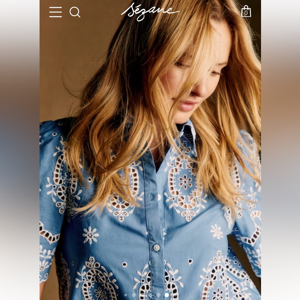 🌼Sezane ELVIRA BLOUSE in CREAM Blue CHAMBRAY Embroidered Button-Up Blouse - Picture 6 of 11